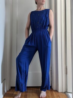 Vintage Royal Blue Lace-Trim Jumpsuit